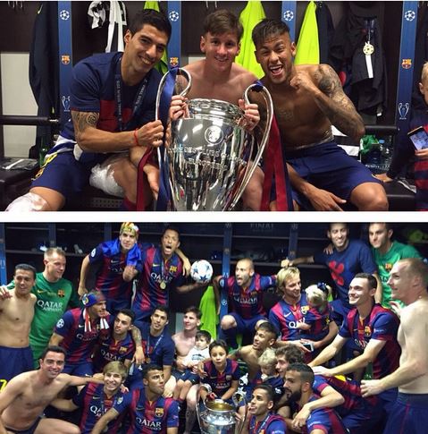 مسی، سوارز و نیمار با جام در رختکن بارسلونا/ عکس